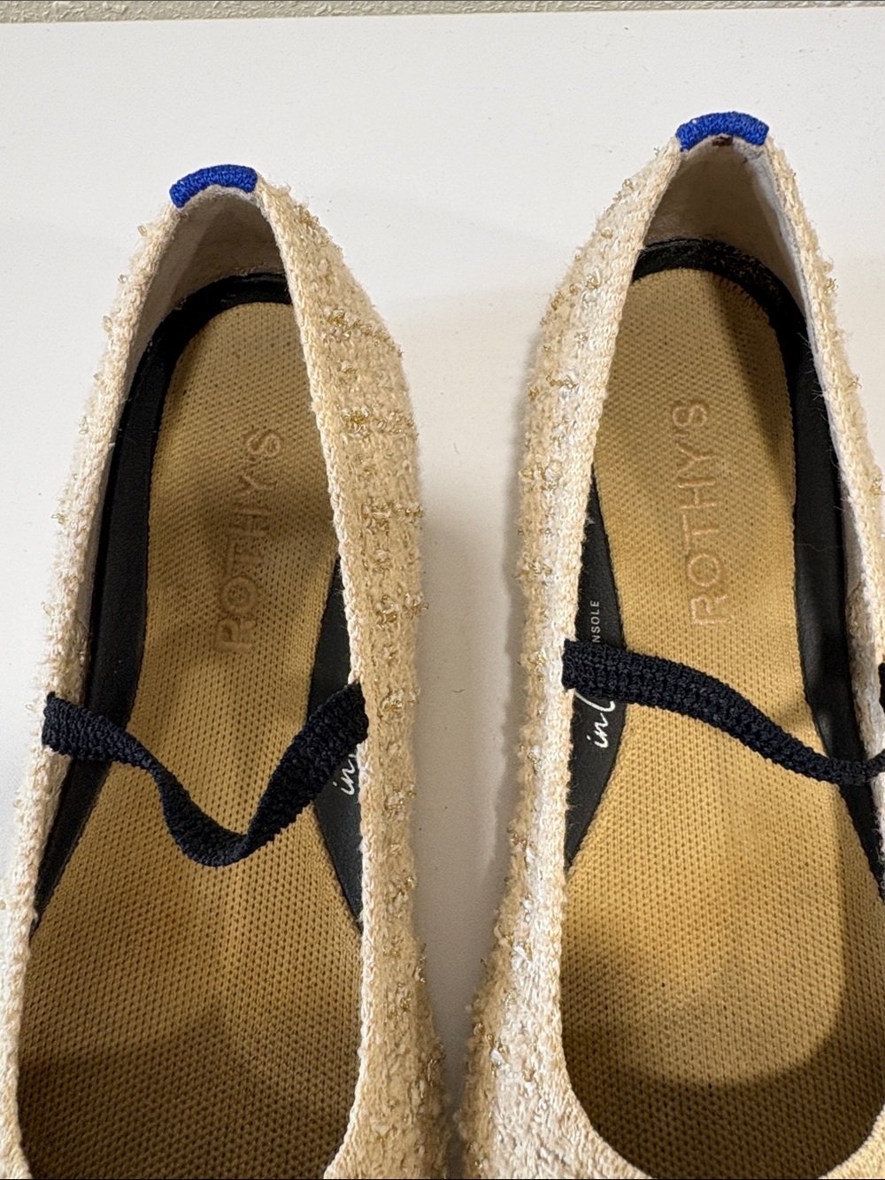 Rothy's Cream Tweed Ballet Flats with Black Elastic Strap and Blue Heel Tab - Picture 2 of 8